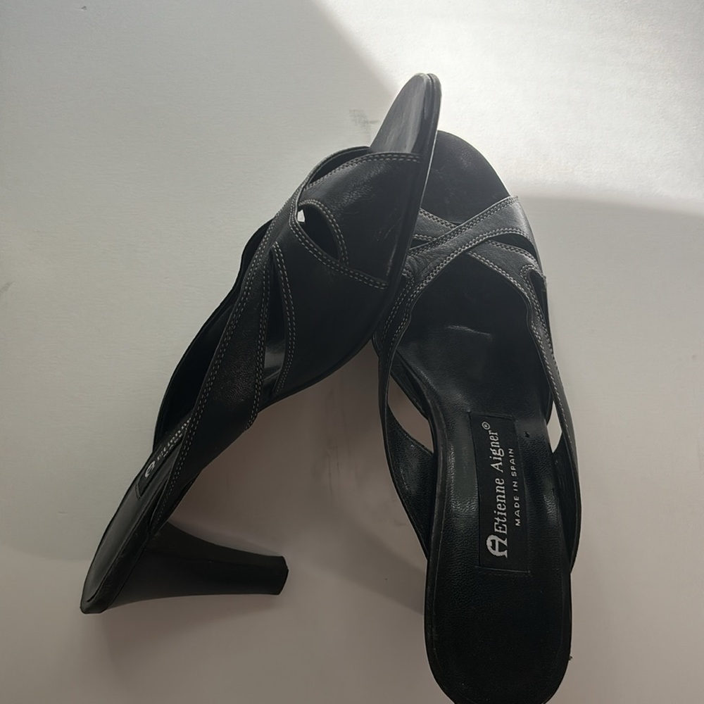 Black Leather Etienne Aigner heels/ sandals/ mules/ slides. Sz 7.5. Mint!